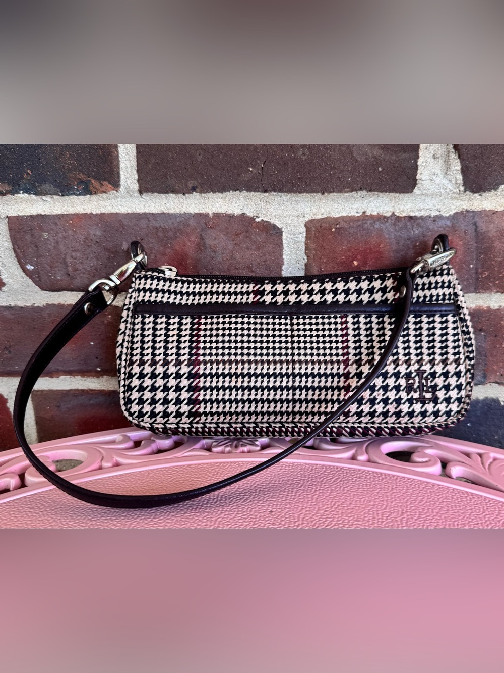 Lauren Ralph Lauren Small Vintage Y2K Brown & Cream Houndstooth Shoulder Handbag